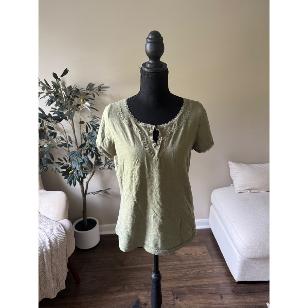 Faded Glory Womens Olive Green Lace Trim Keyhole Short Sleeve Top Size Medium